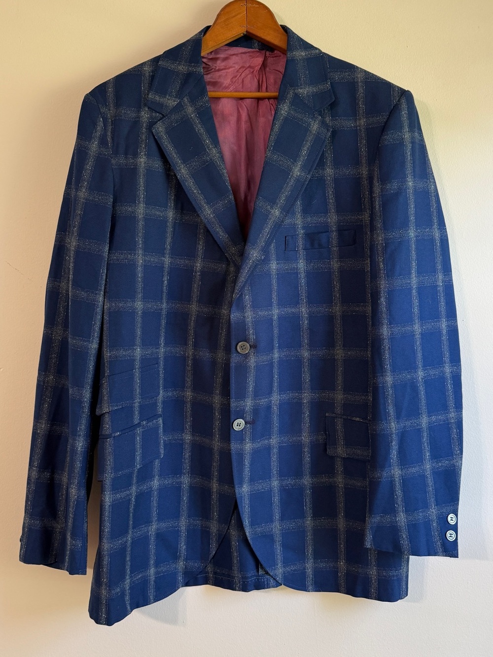 Vintage 1970s Blue Windowpane Plaid Blazer Jacket